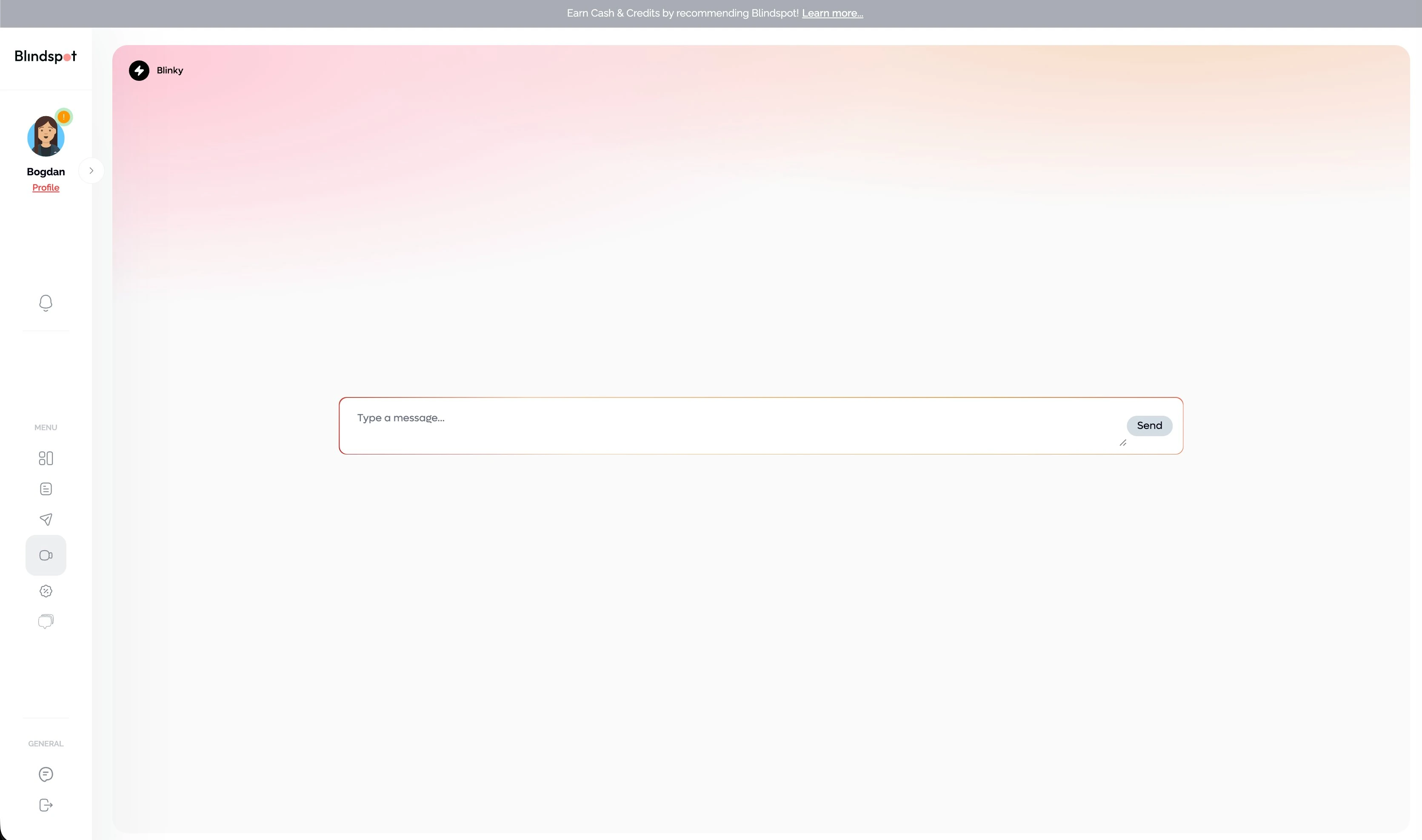 Blinky's chat interface in the Blindspot platform, waiting for a campaign brief to be typed
