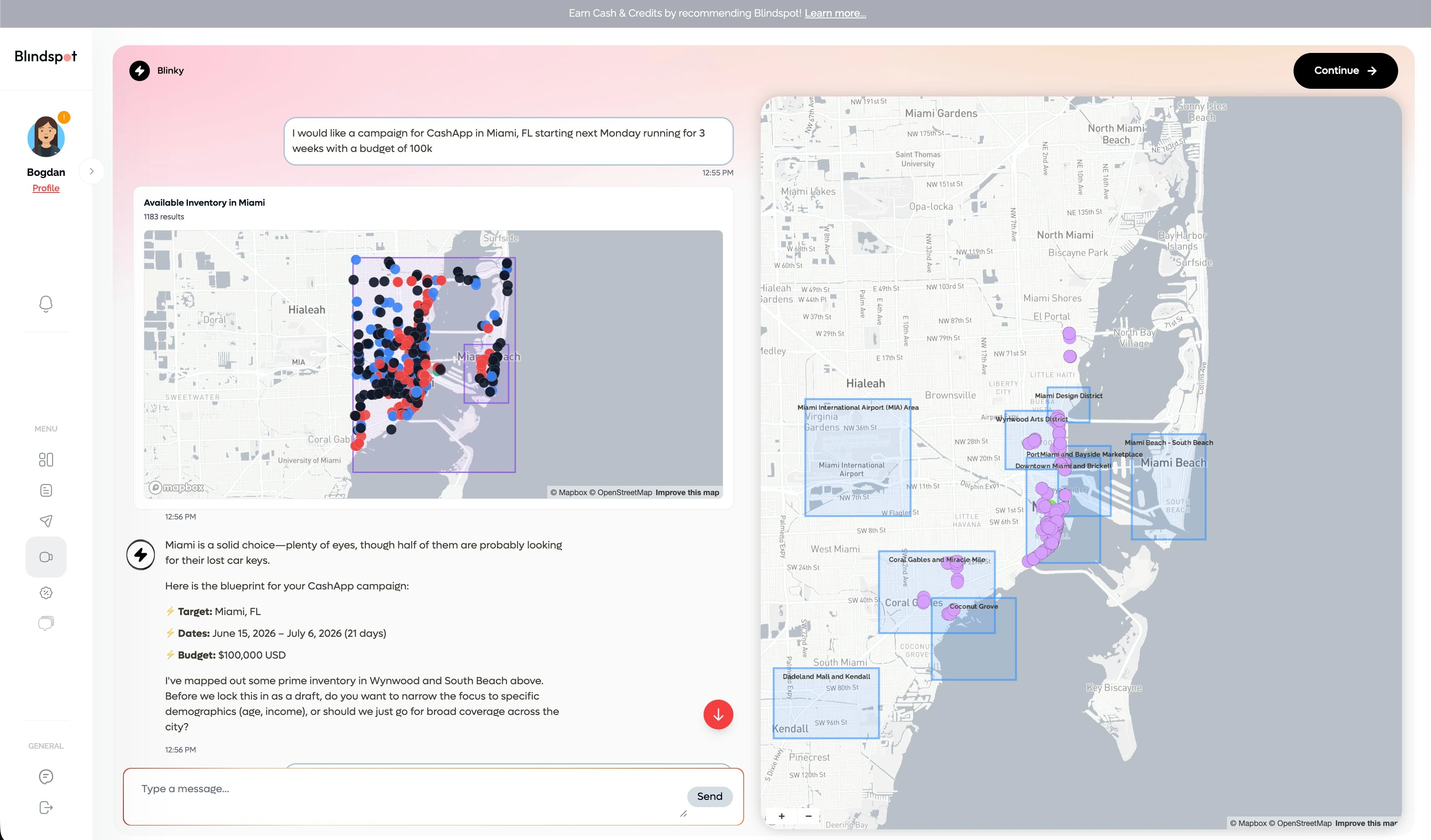 Blinky mapping 1,183 available screens in Miami for a CashApp brief and asking whether to narrow the audience by demographics