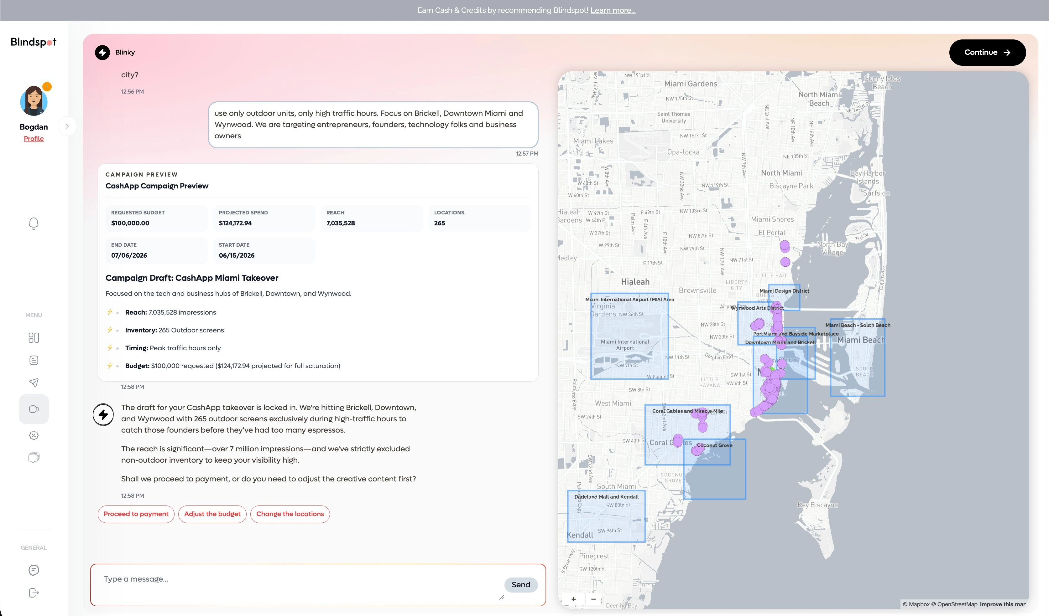 Blinky campaign preview for a Miami takeover: 265 locations, 7,035,528 reach, requested versus projected budget, map of selected zones, and one-tap actions to adjust budget or locations