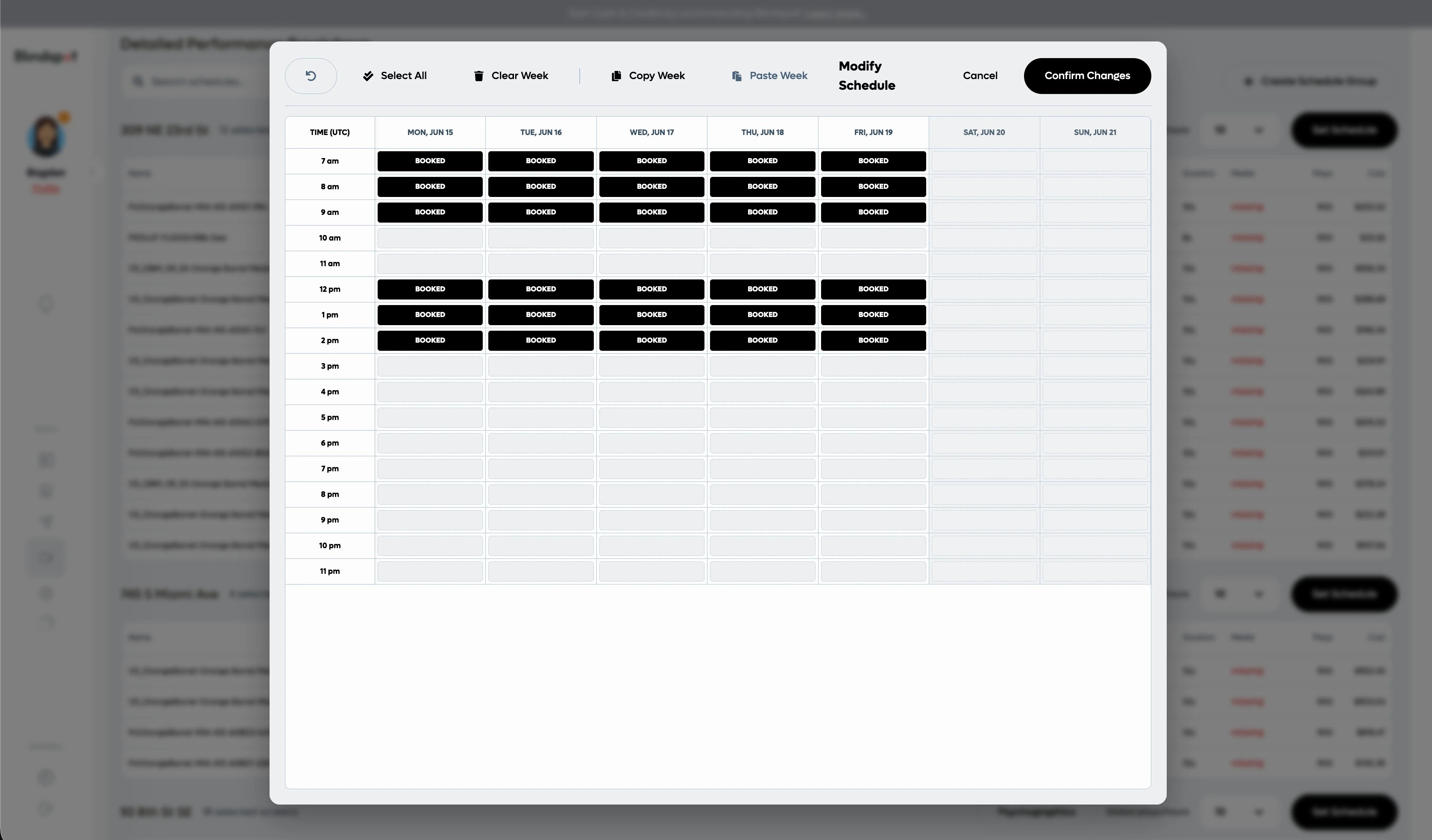A schedule group's weekly grid with hours booked only at golden hours — weekday mornings 7 to 10 AM and midday 12 to 3 PM — with copy week and modify controls