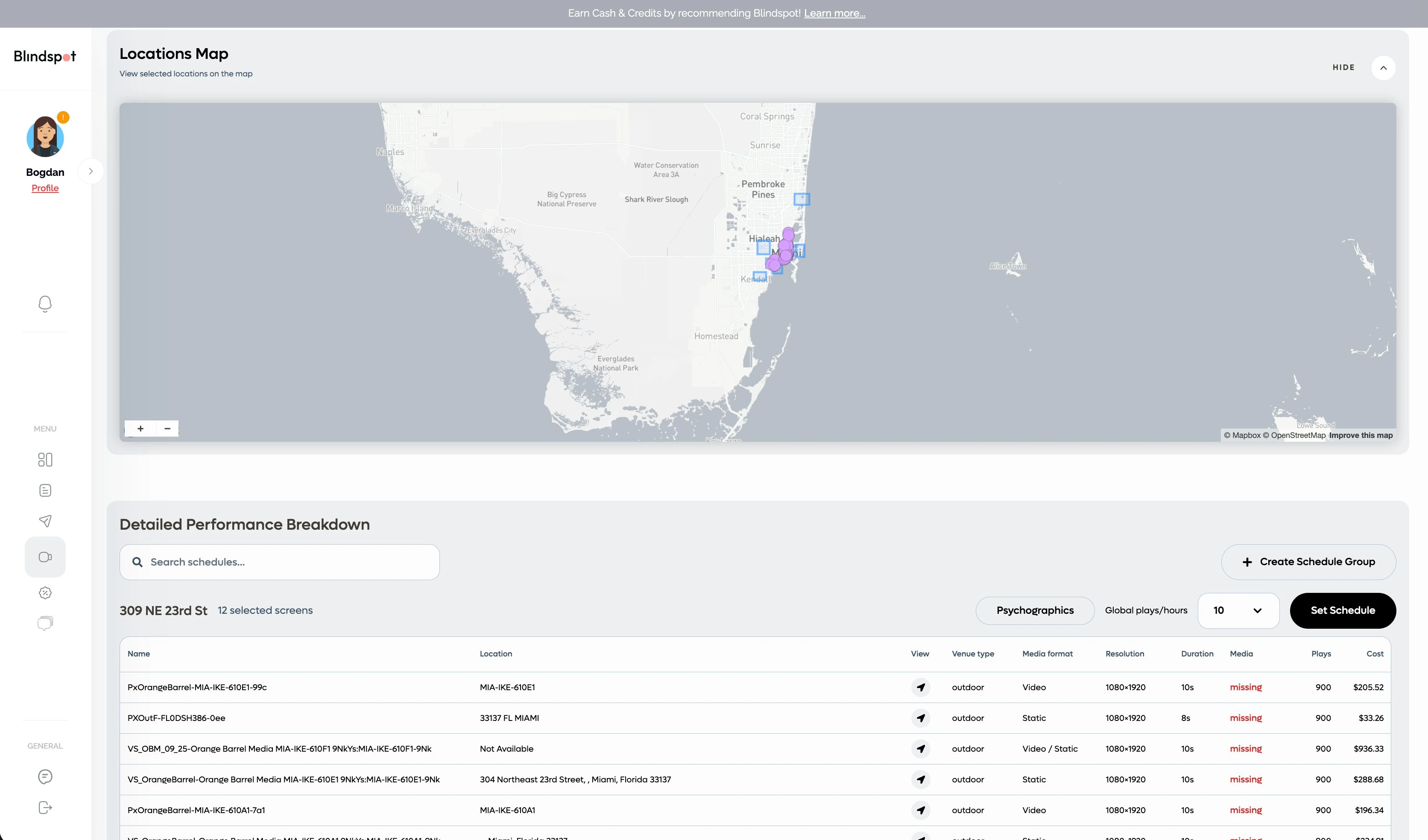 Locations map of a Blinky campaign showing clustered screens across Miami above the detailed per-screen performance breakdown
