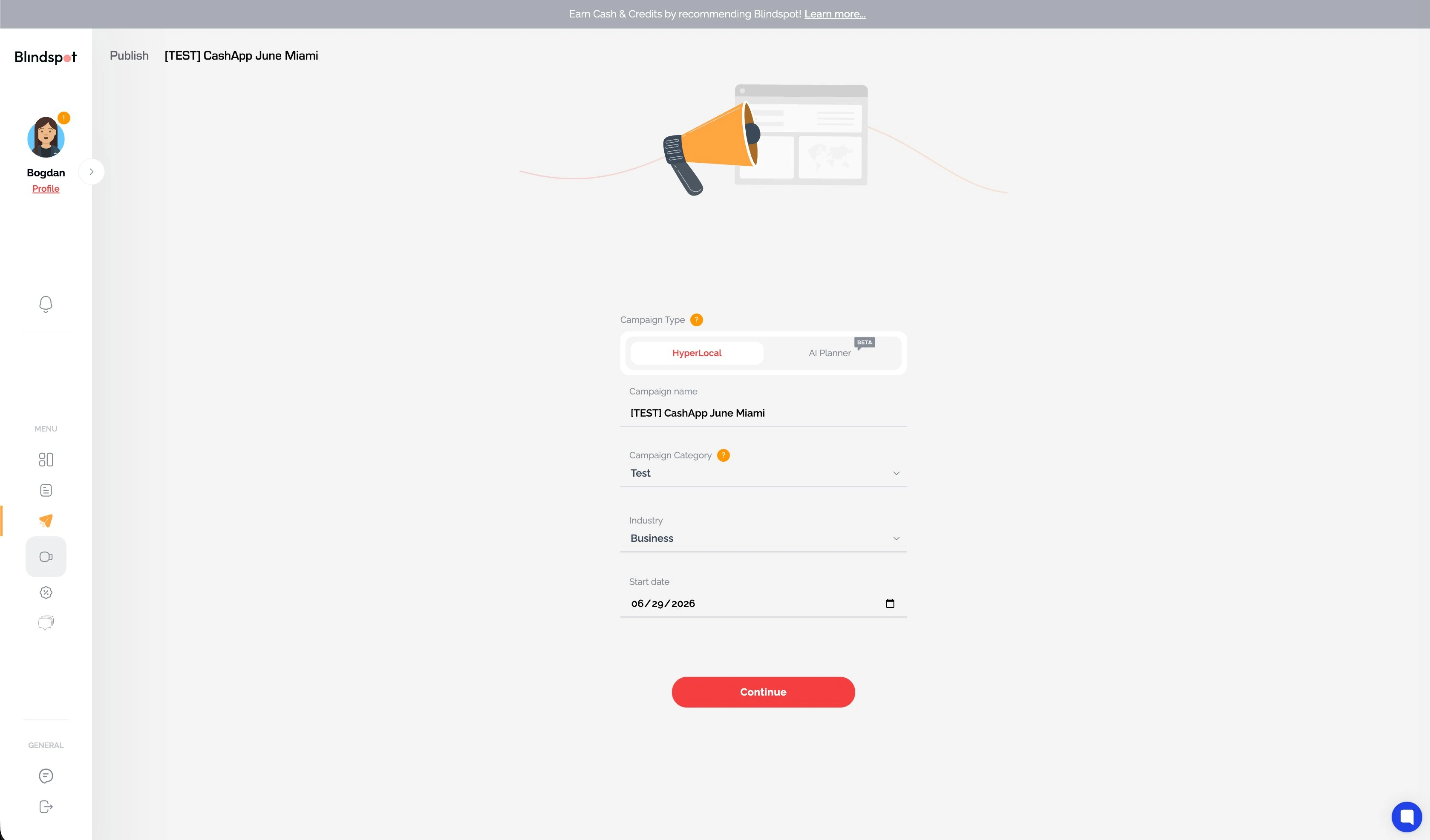 Blindspot campaign setup with HyperLocal versus AI Planner toggle, campaign name, category, industry, and start date fields