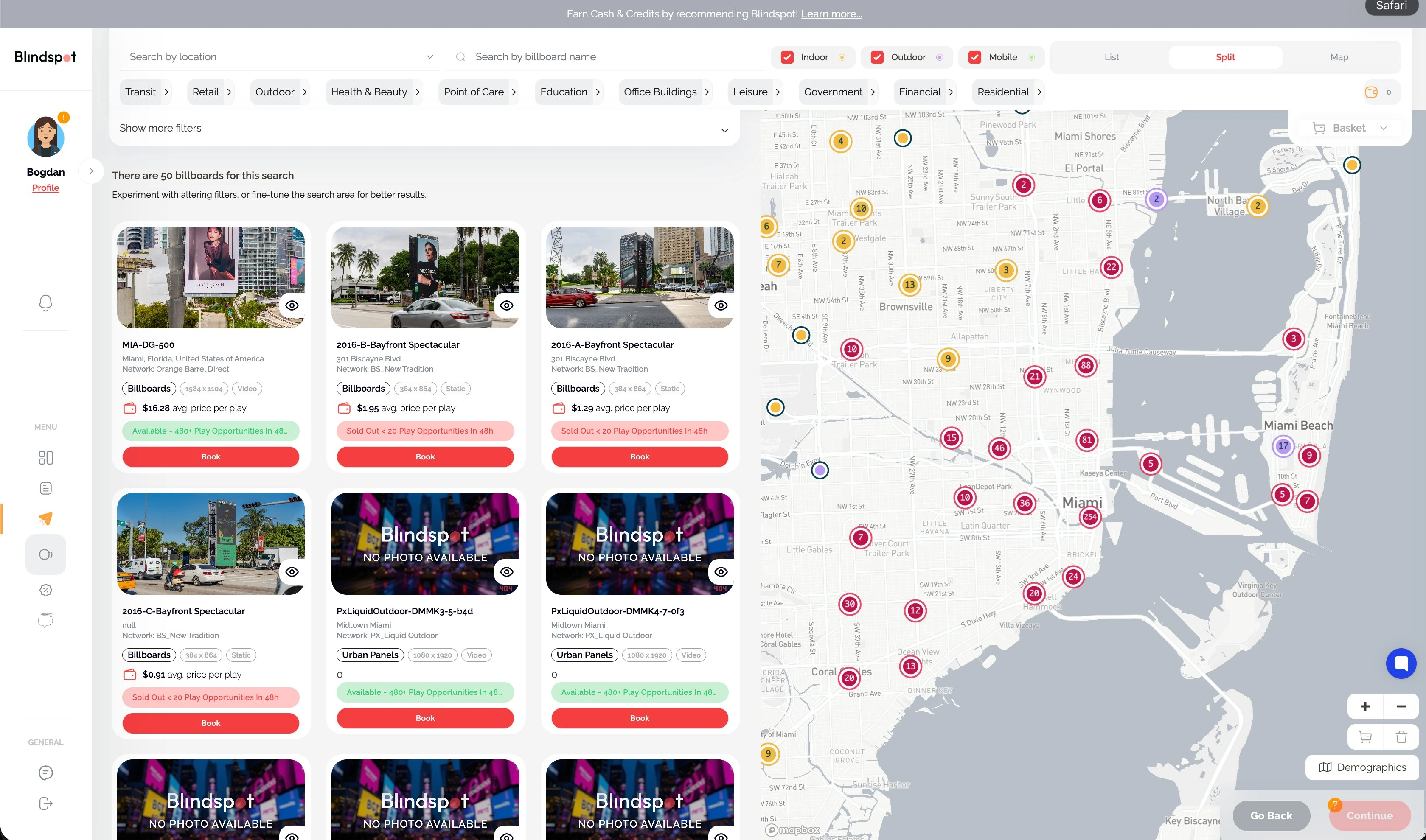 Blindspot split view of Miami billboard inventory: cards with photos, price per play and availability badges next to a map with color-coded, clustered pins