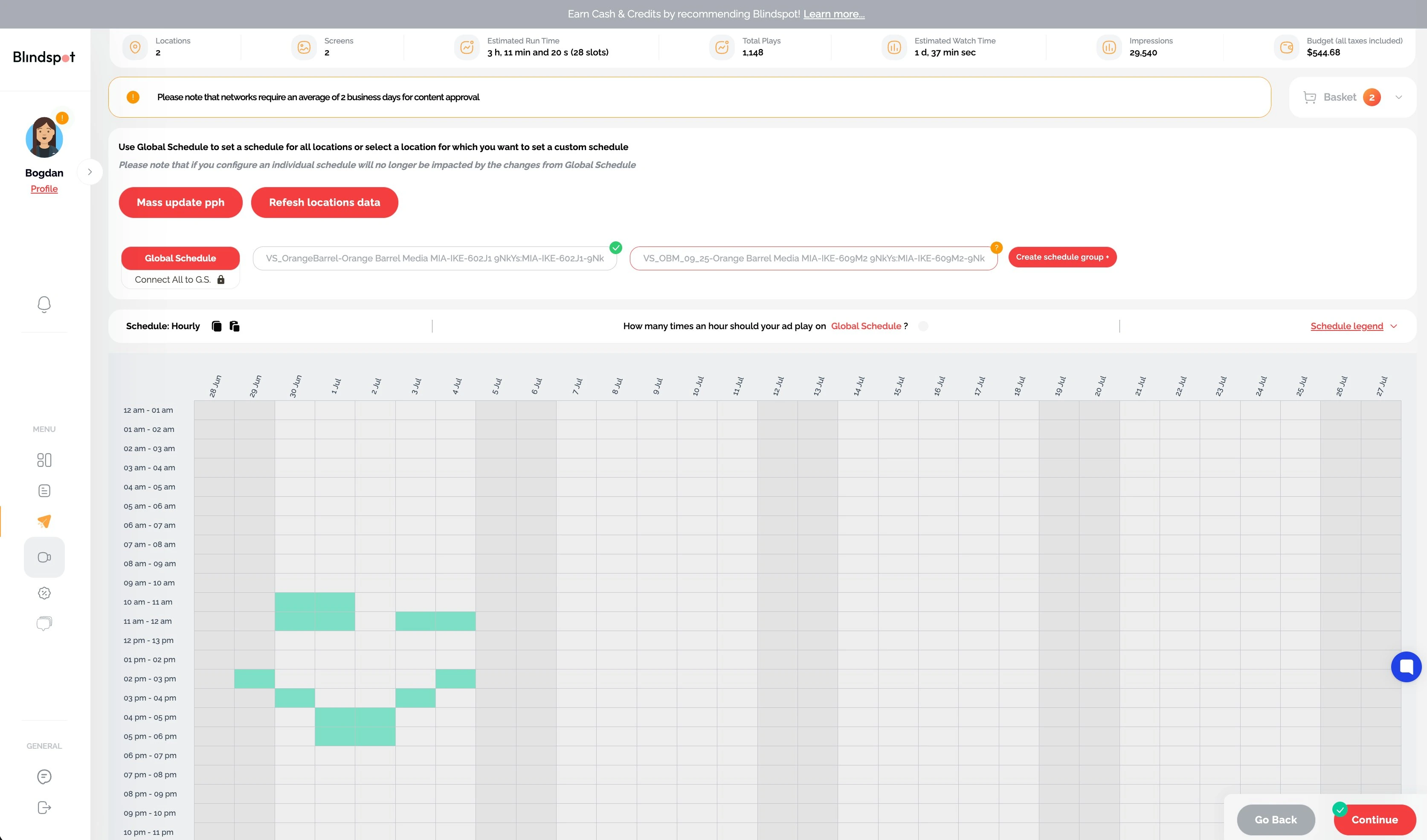 Blindspot hourly scheduling grid across dates with Global Schedule and per-screen tabs, mass plays-per-hour update, and live totals for plays, watch time, impressions, and budget