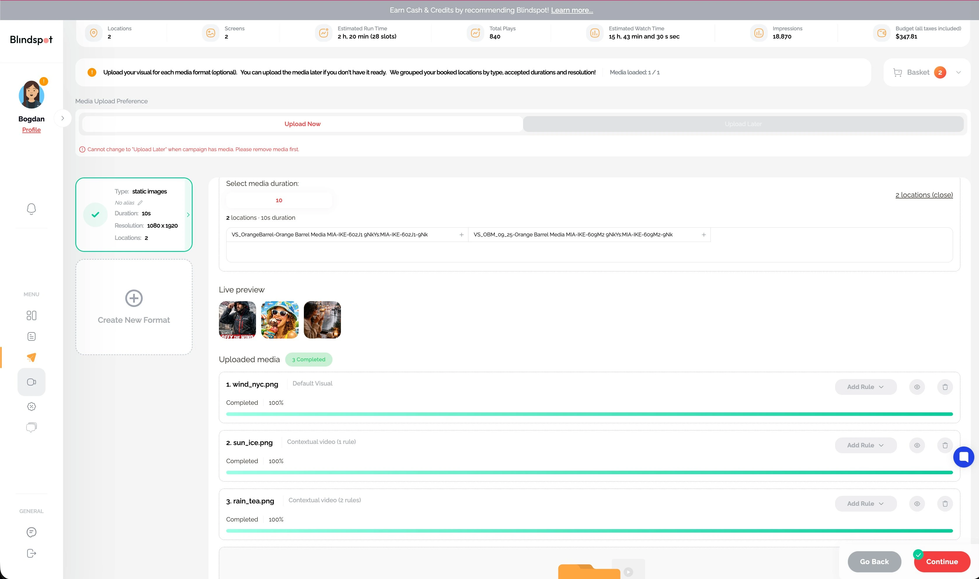 Uploaded creatives in Blindspot with a default visual and two contextual videos carrying weather rules, live preview thumbnails, and a create-new-format card