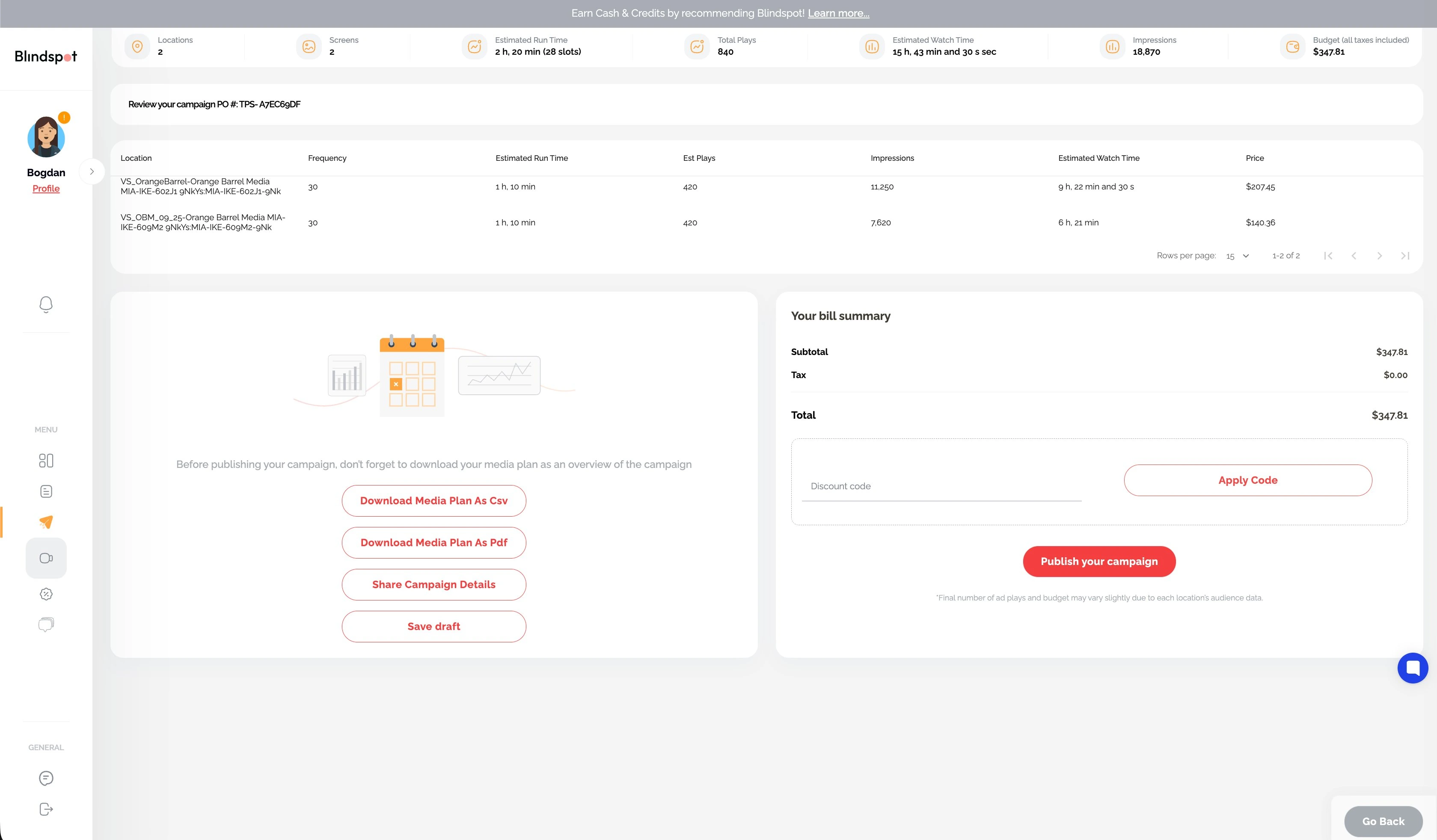 Blindspot campaign review with PO number, line-item pricing per screen, bill summary with discount code field, CSV and PDF media plan downloads, share campaign details, and publish button
